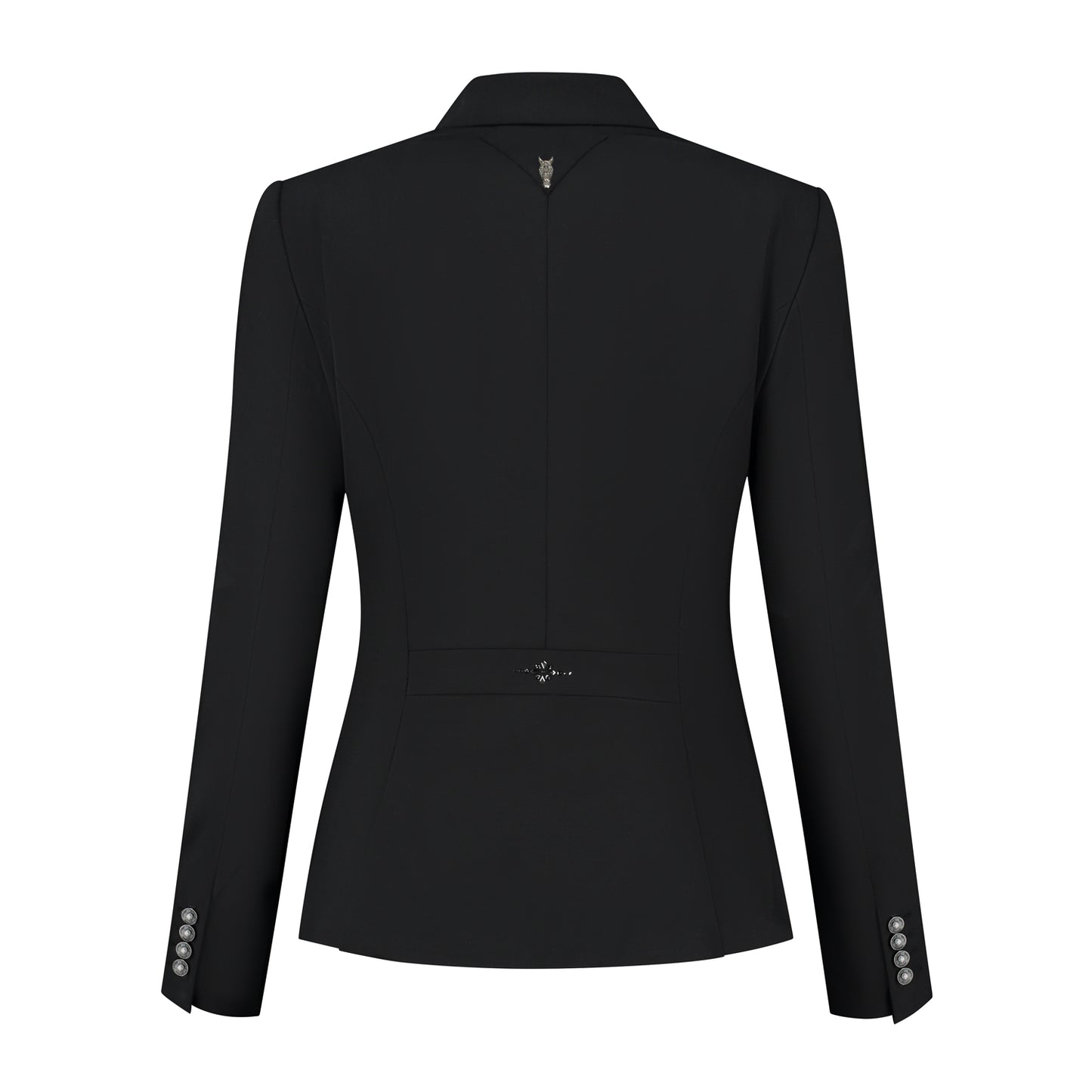 Back of black JuulC Ladies' show coat with black contrasts and Swarovski design on the back strap