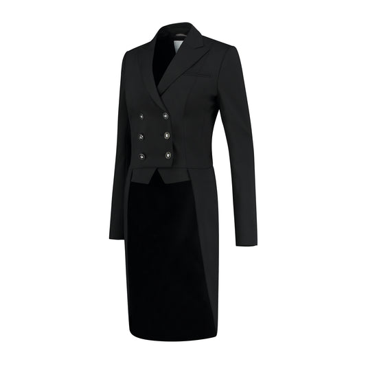 Side of JuulC Ladies' Dressage Frack in Classic Black with tone-on-tone contrasts and details