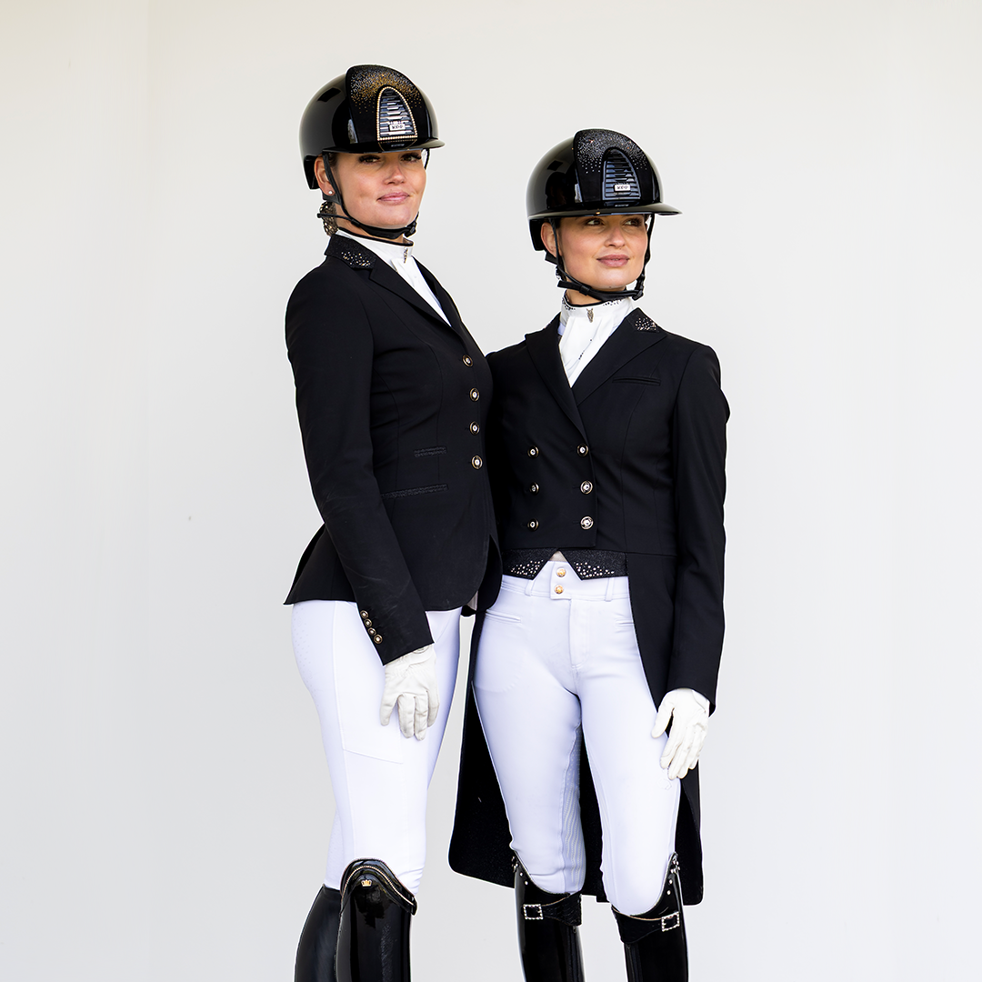 Black JuulC women's dressage tailcoat and show jacket in Black Stardust with glitter fabric accents and Swarovski crystals