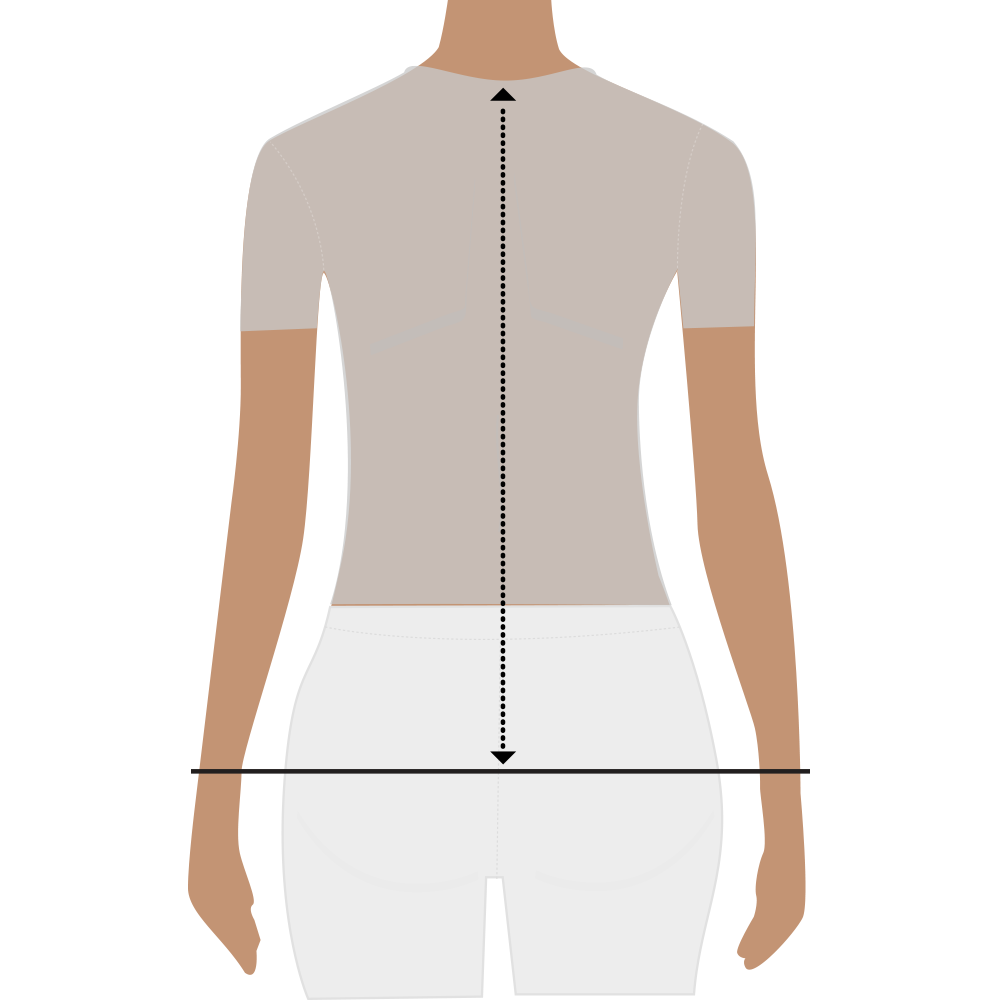 Digital illustration indicating how to measure the back length of the competition jacket for the JuulC size guide
