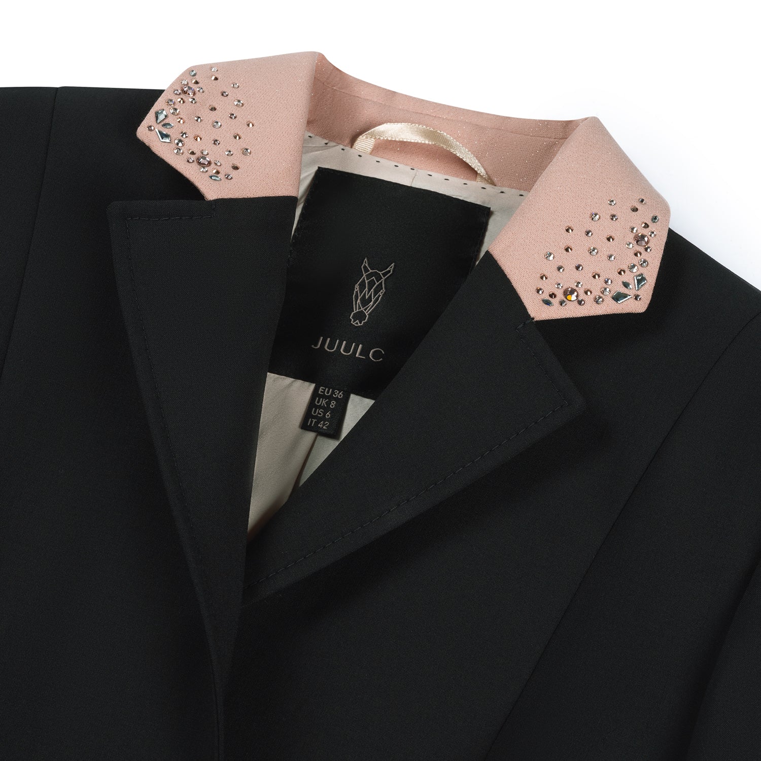 Detail of the collar of JuulC Ladies' Show Coat in Black Shimmer, made from pink glitter fabric and embellished with rosegold Swarovski crystals