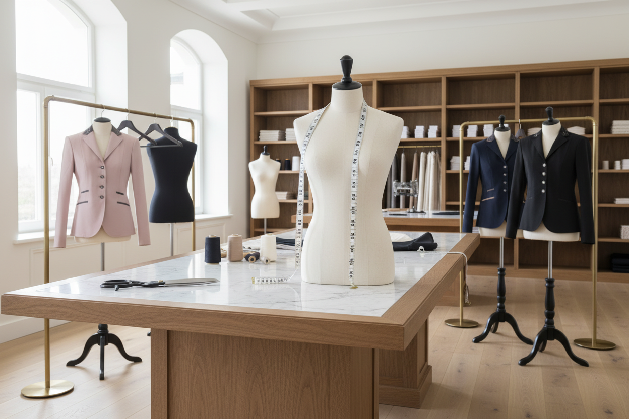 Atelier with measuring tapes and mannequin standing on a table, with several mannequins in the background wearing JuulC show coats