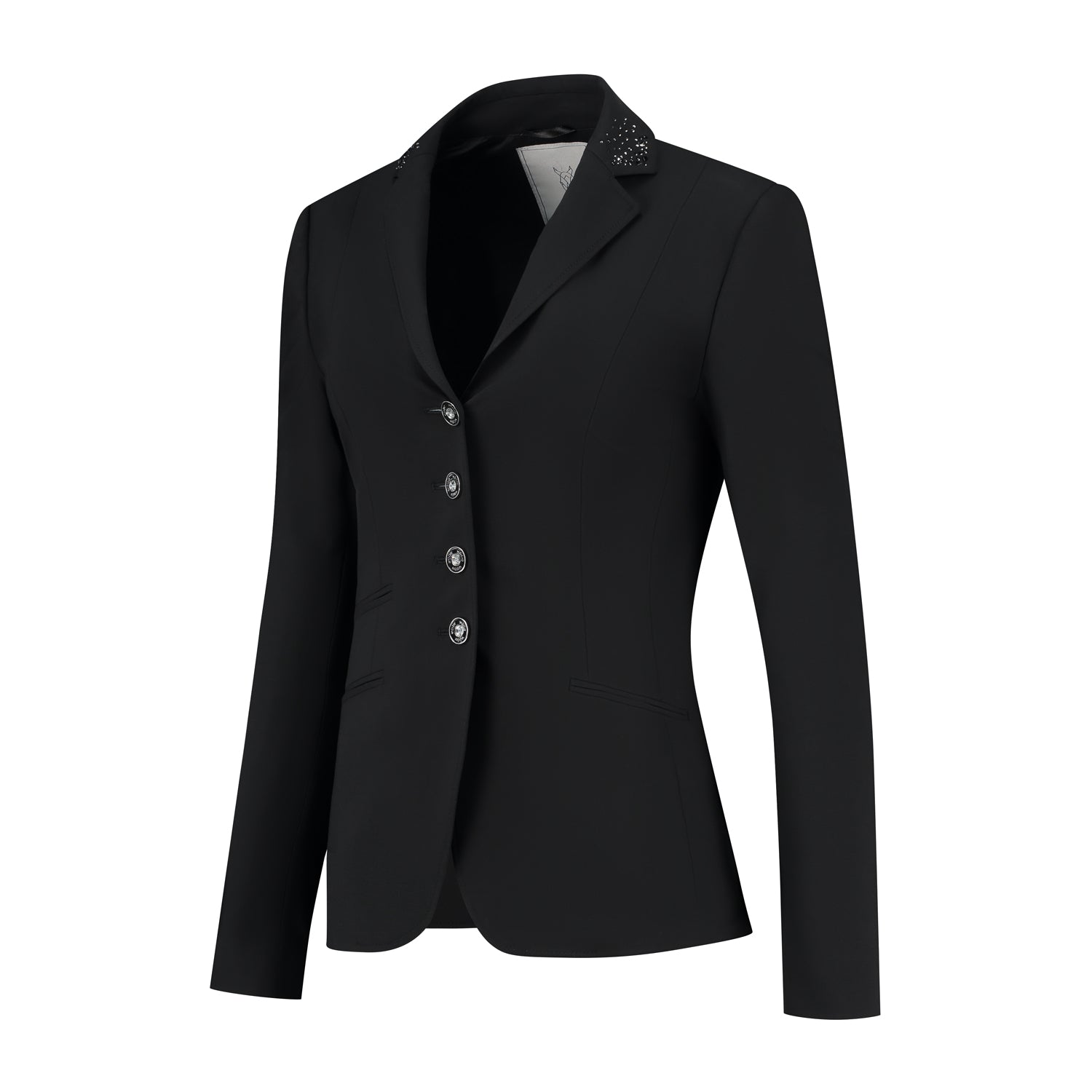 Side of JuulC Ladies' Show Coat in Black Sparkle with tone-on-tone accents and details