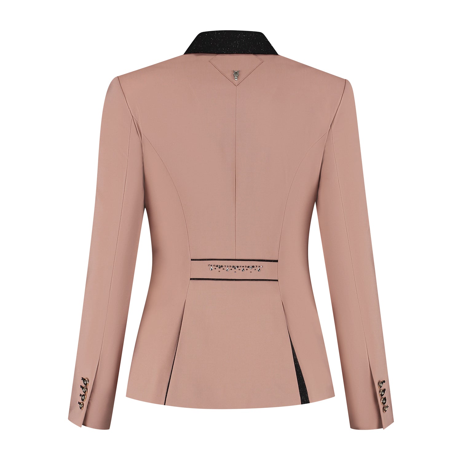 Back of pink JuulC Ladies' show coat with black glitter fabric accents and Swarovski design on the back strap