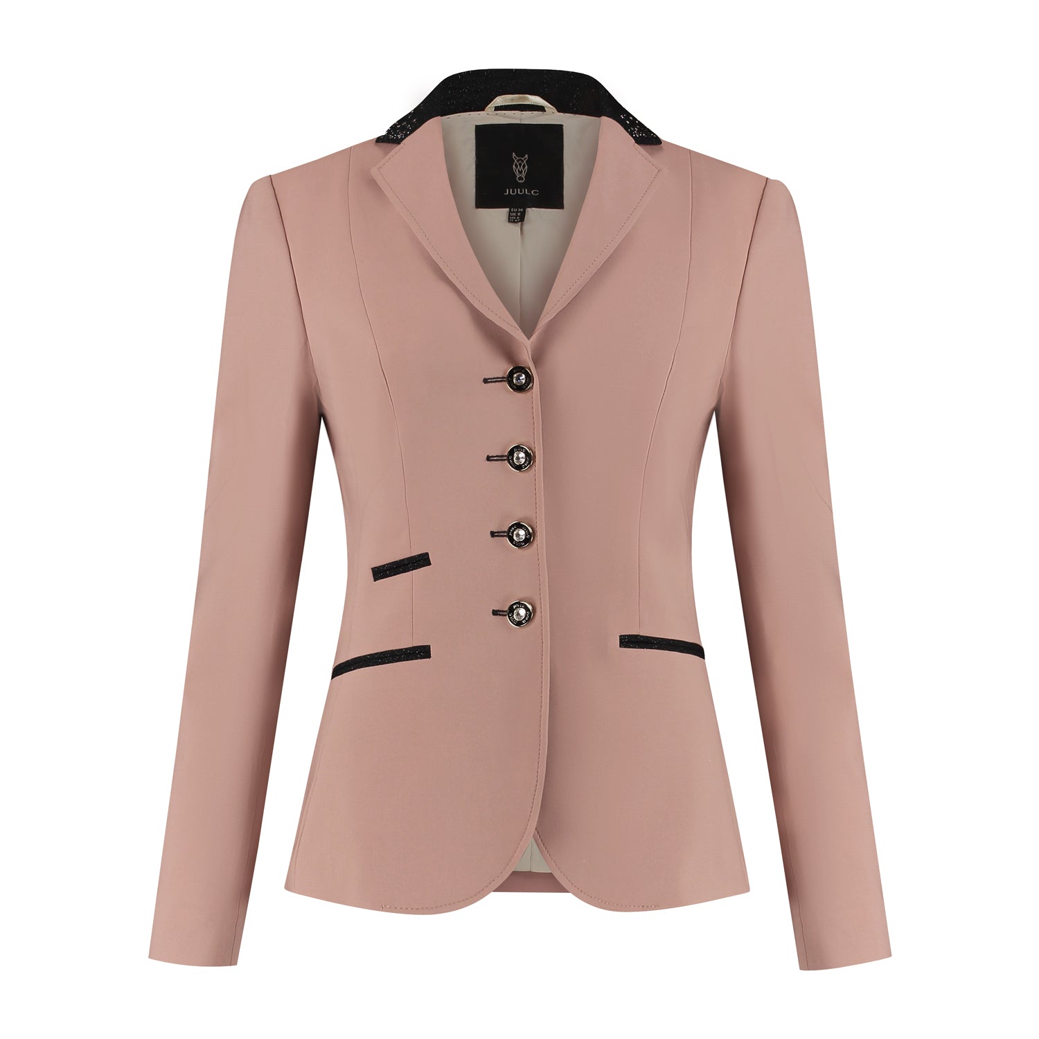 Front of pink JuulC Women's Show Coat with black glitter fabric accents and Swarovski crystals