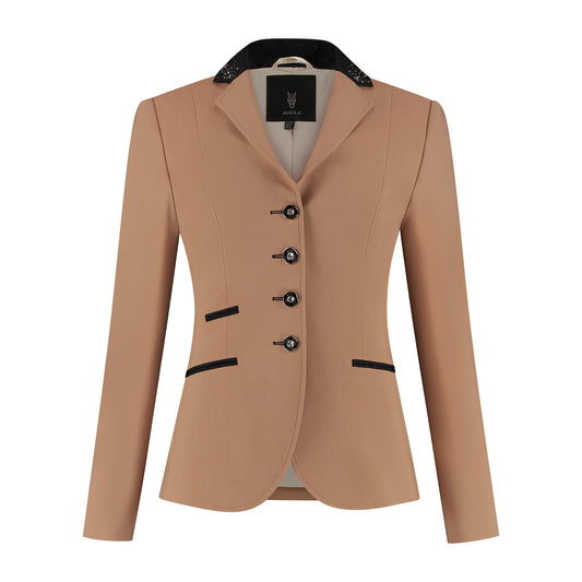 Front of beige JuulC Women's Show Coat with black glitter fabric accents and rosegold Swarovski crystals