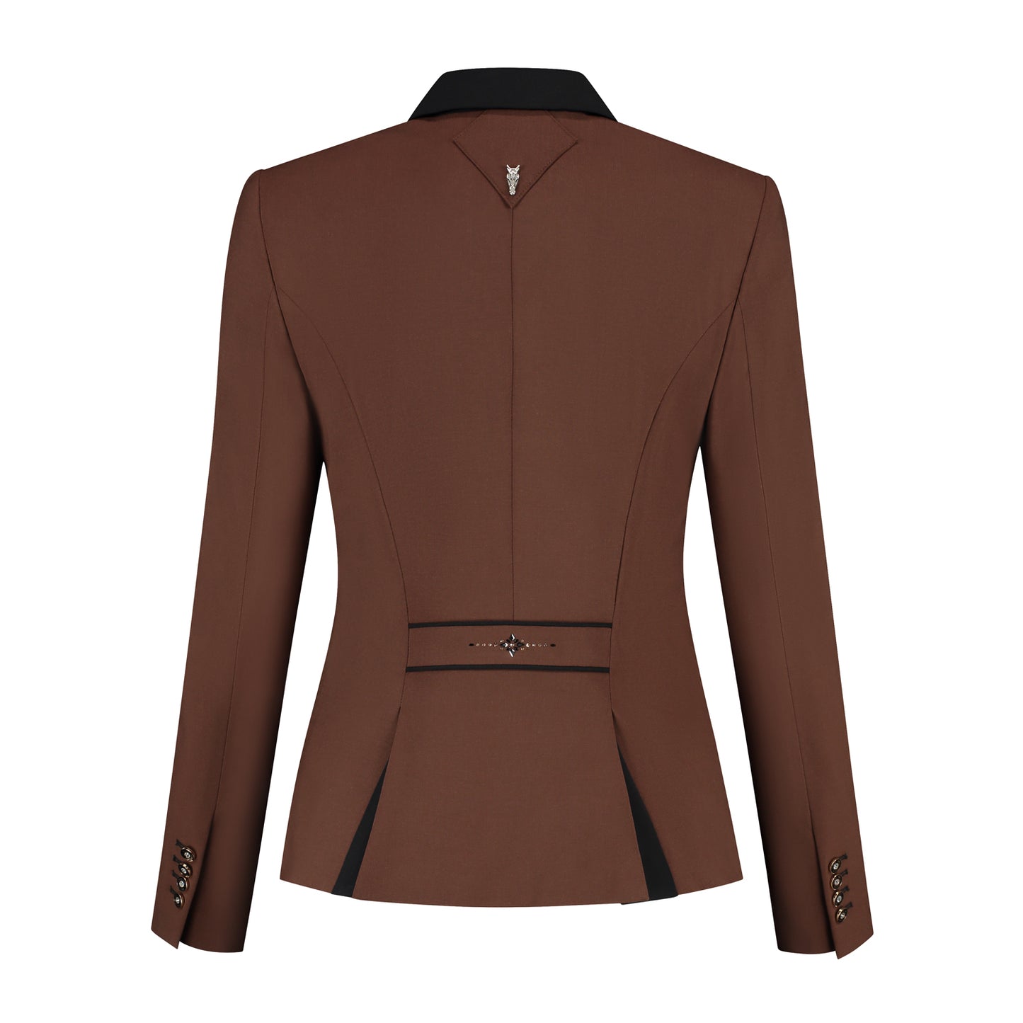 Back of brown JuulC Ladies' Show Jacket with black contrasts and champagne Swarovski design on the back strap