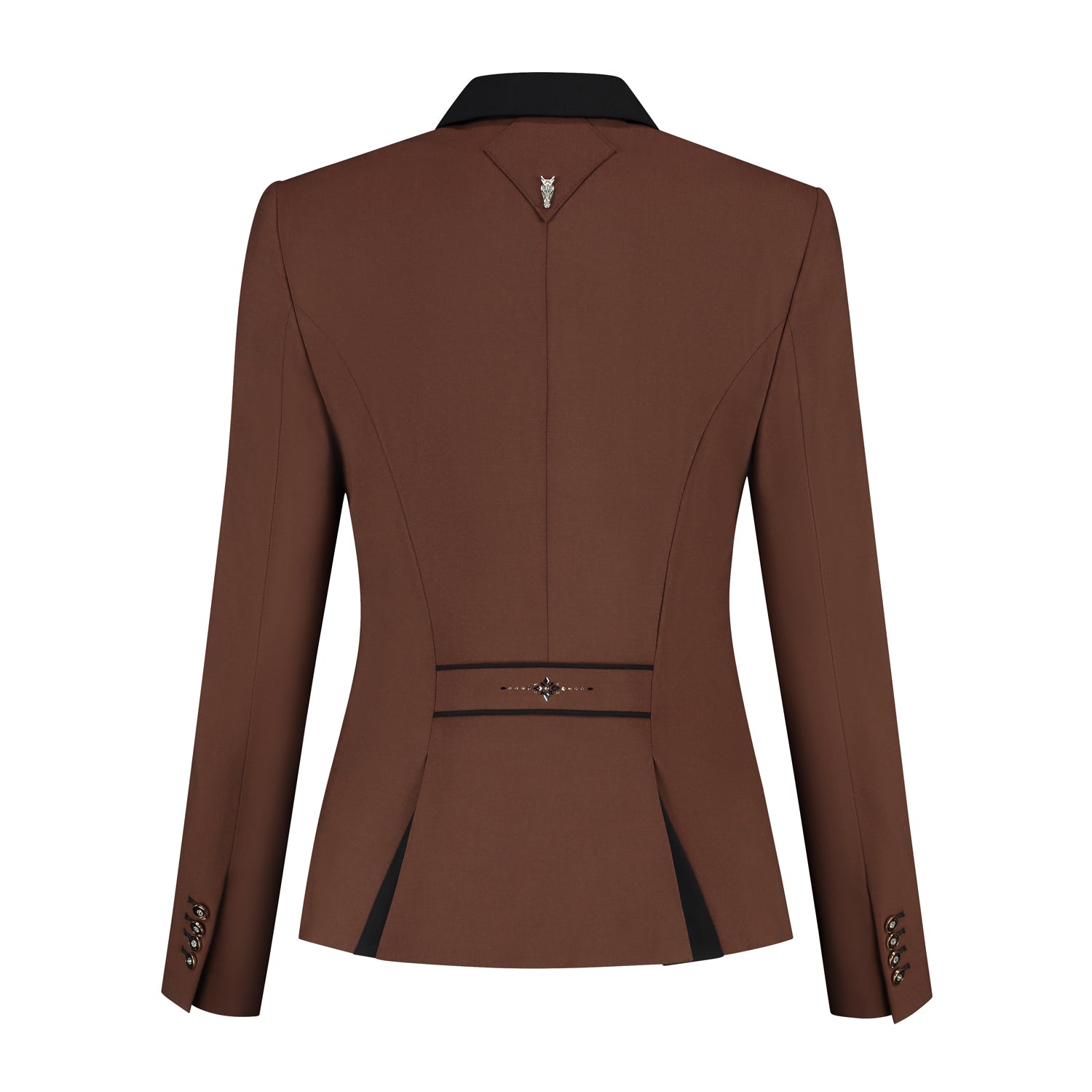 Back of brown JuulC Ladies' Show Jacket with black contrasts and champagne Swarovski design on the back strap