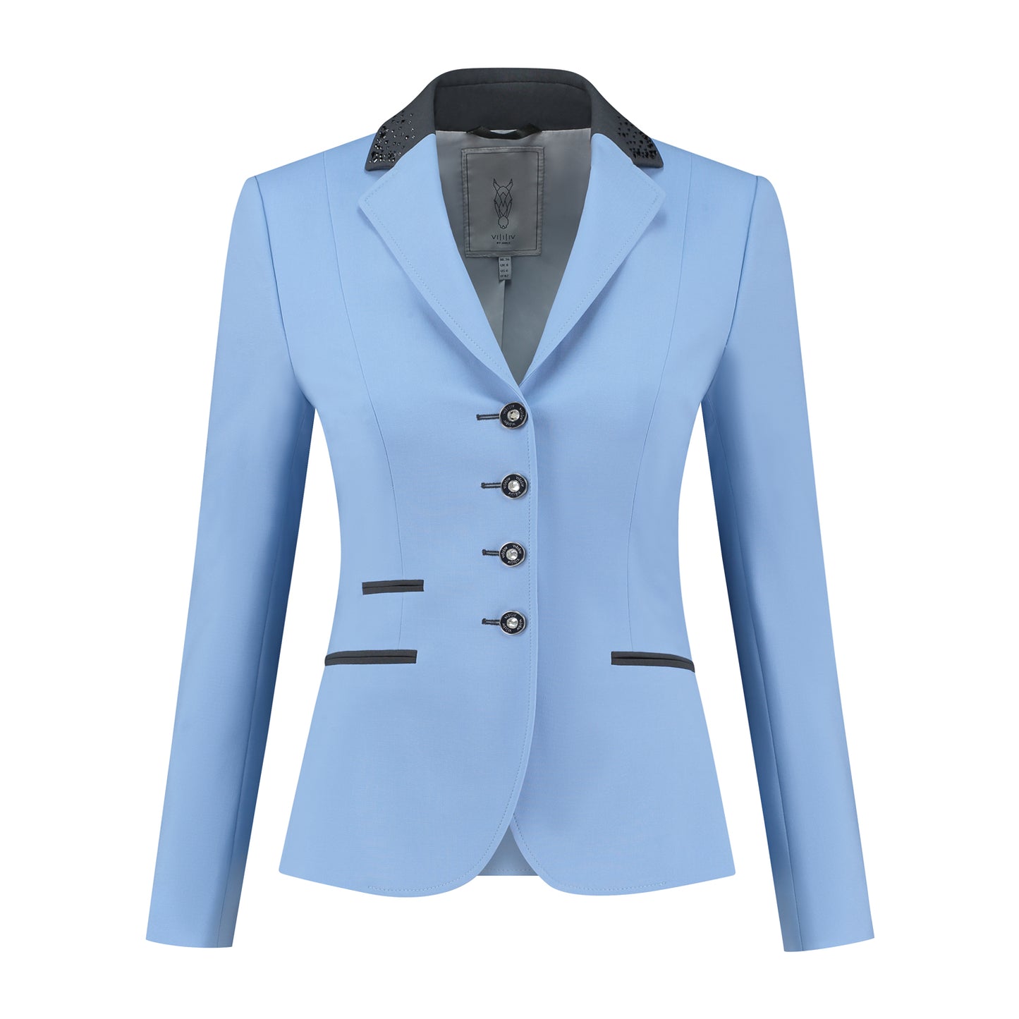 Front of light blue JuulC Women's Show Jacket with anthracite grey accents and Swarovski crystals