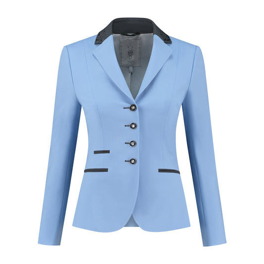 Front of light blue JuulC Women's Show Jacket with anthracite grey accents and Swarovski crystals