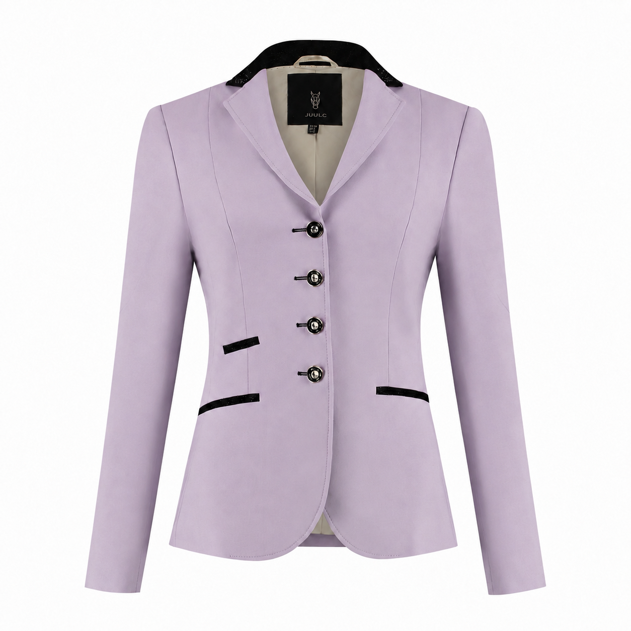 Front of JuulC women's lilac competition jacket with black glitter accents