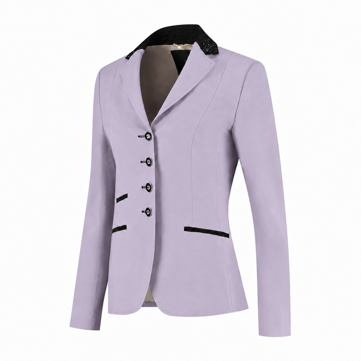 Side view of JuulC women's lilac competition jacket with black glitter accents