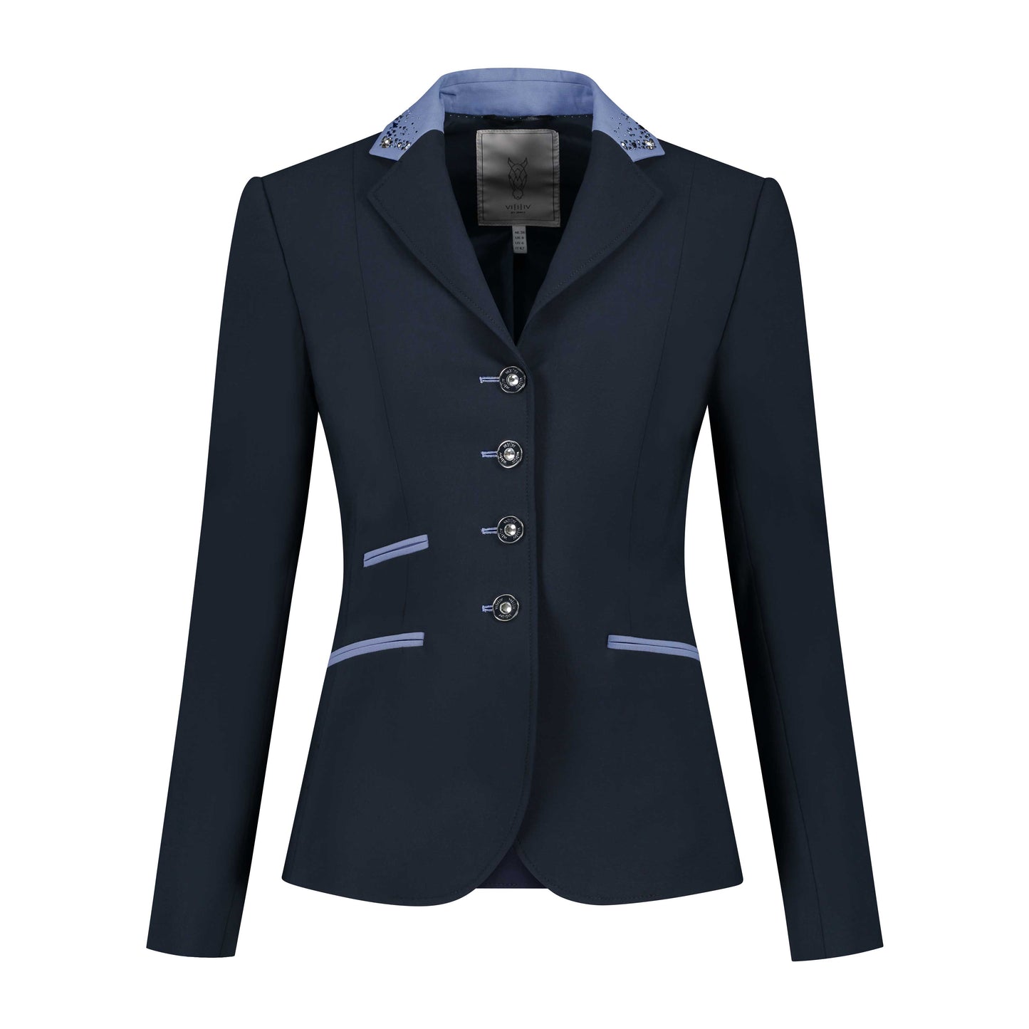 Front of navy JuulC Women's Competition Jacket with light blue accents and Swarovski crystals