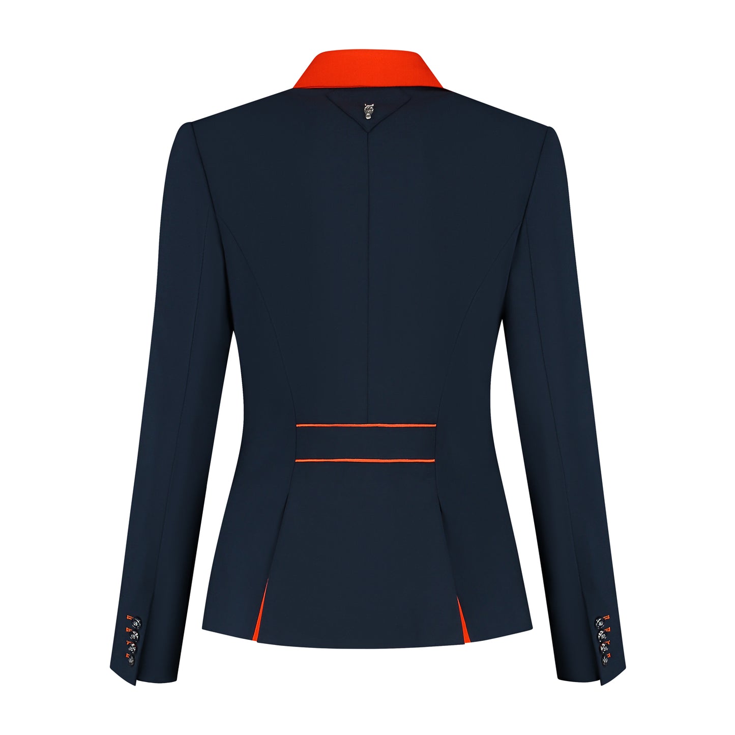 Back of dark blue JuulC Ladies' show coat with orange accents and Swarovski design on the back strap