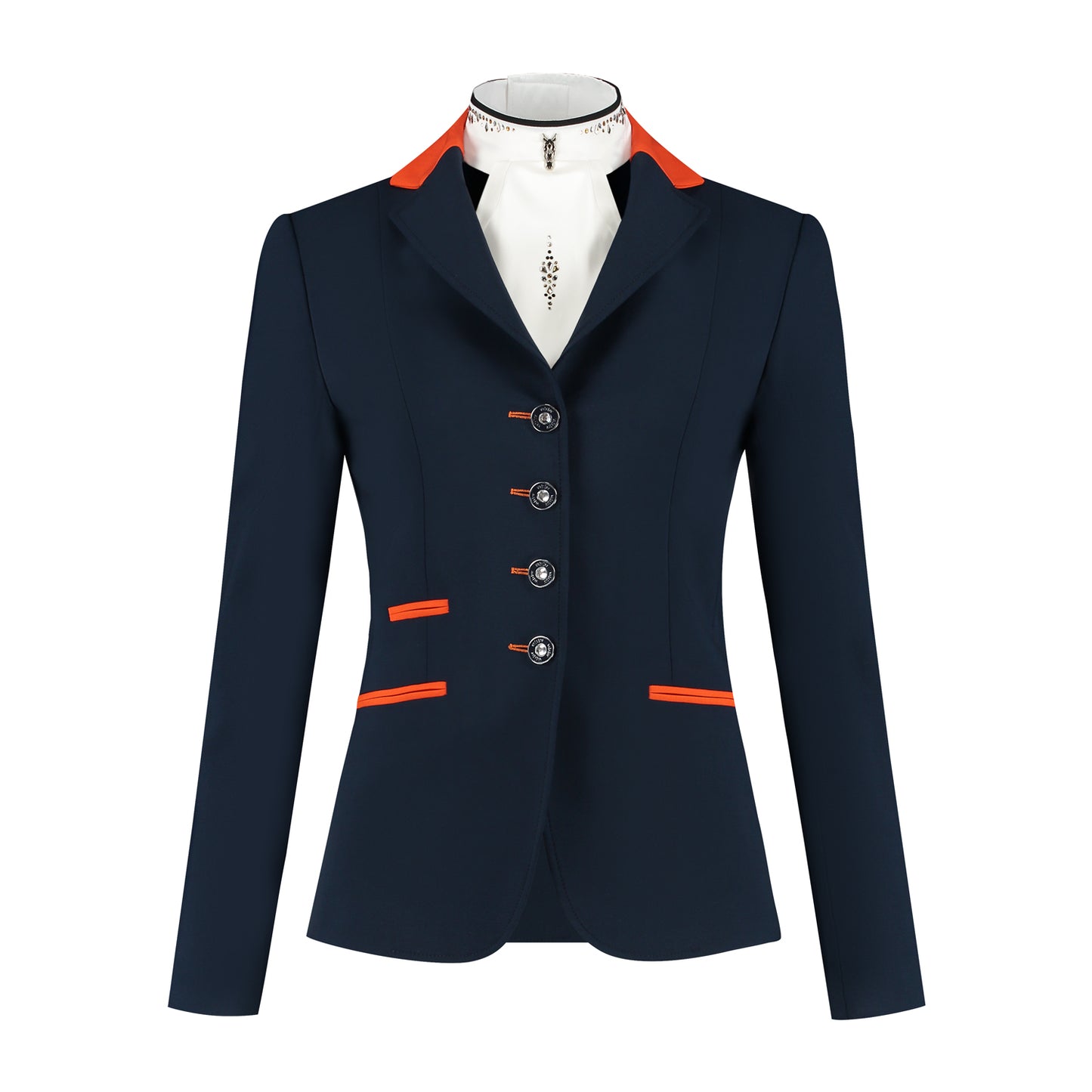 Front of navy JuulC Women's Show Coat with orange accents and Swarovski crystals