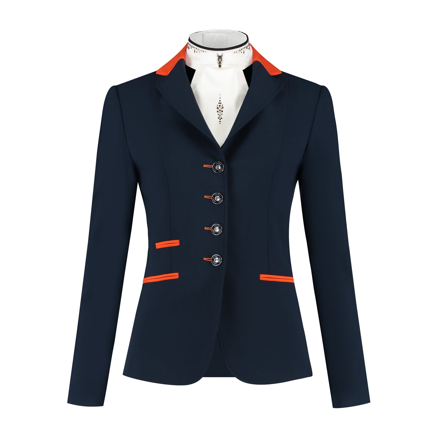 Front of navy JuulC Women's Show Coat with orange accents and Swarovski crystals