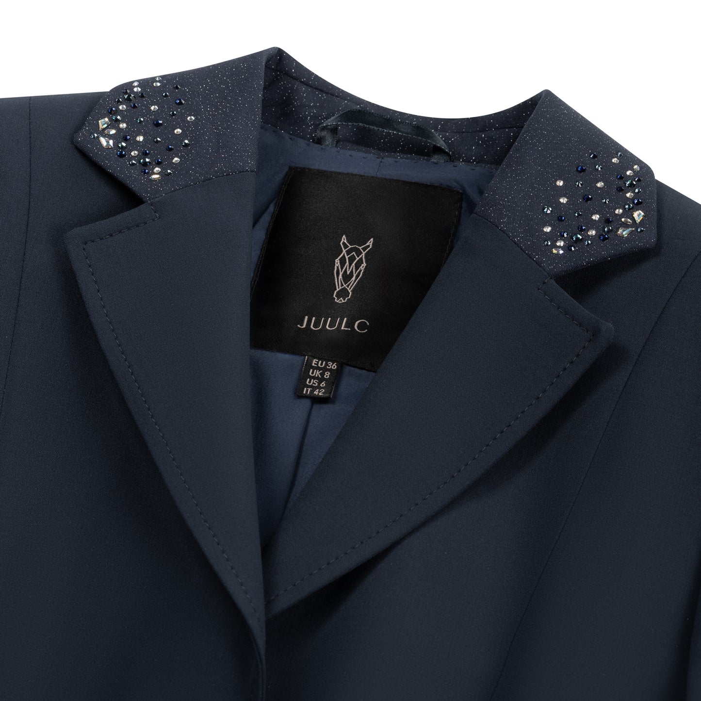 Detail of the collar of JuulC Women's Competition Jacket in Navy Stardust, with dark blue glitter fabric and champagne Swarovski crystals