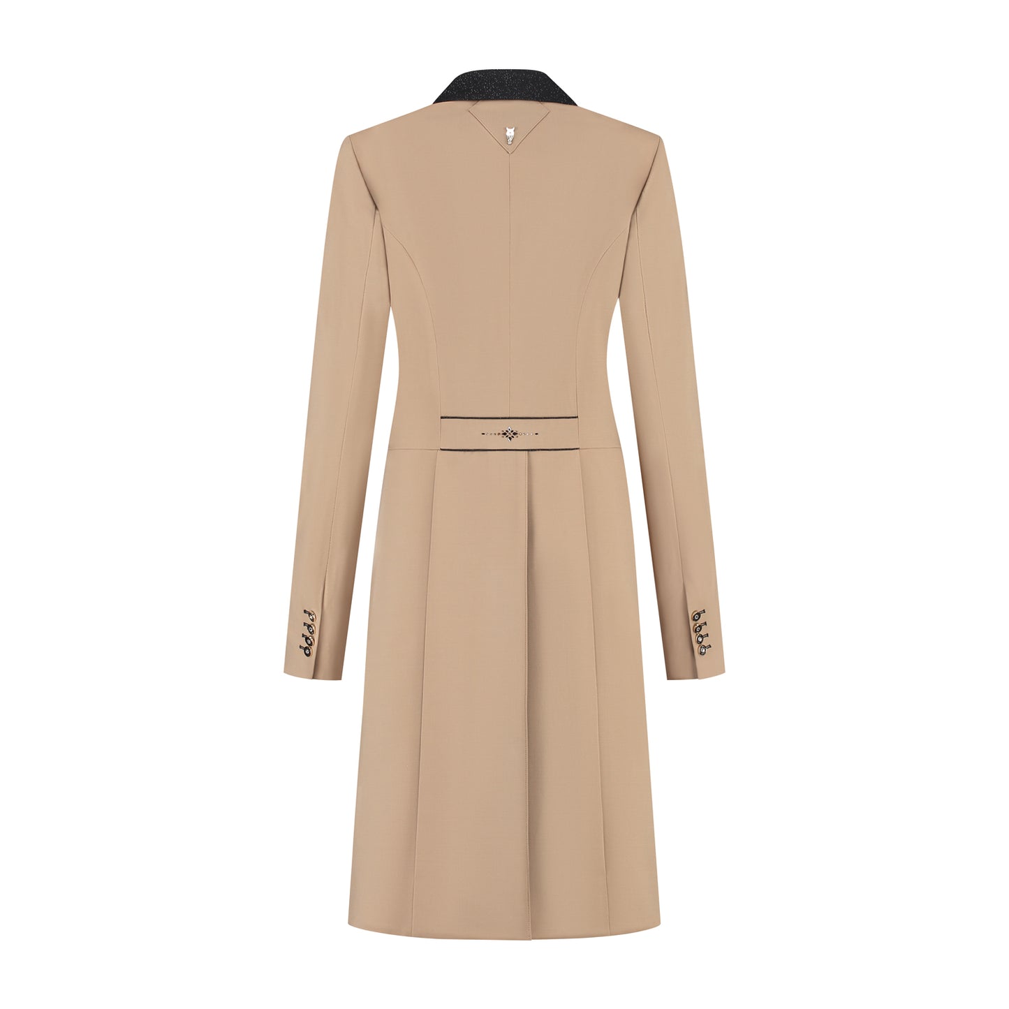 Back of light brown JuulC Ladies' dressage tailcoat with black glitter accents and Swarovski design on the back strap