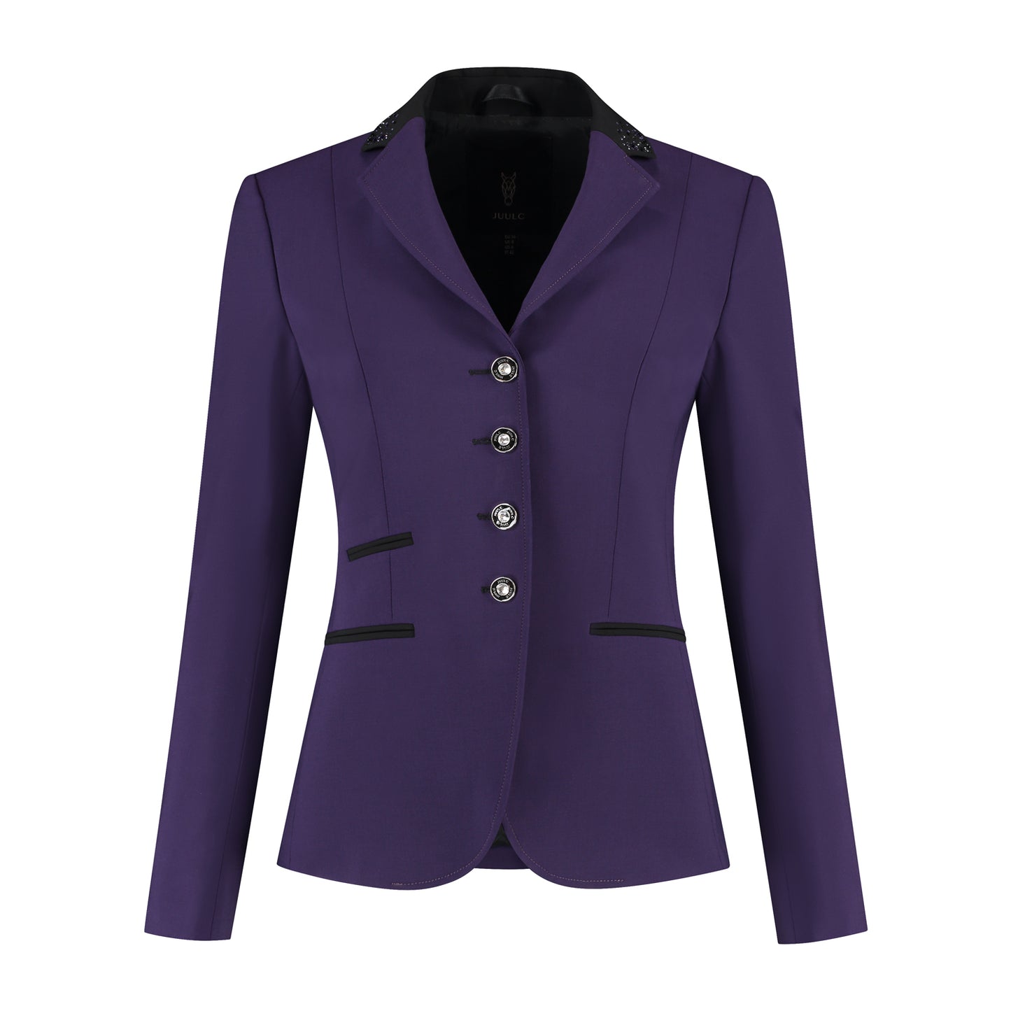 Front of purple JuulC Women's Show Coat in Shadow Amethyst with black contrasts and Swarovskic crystals