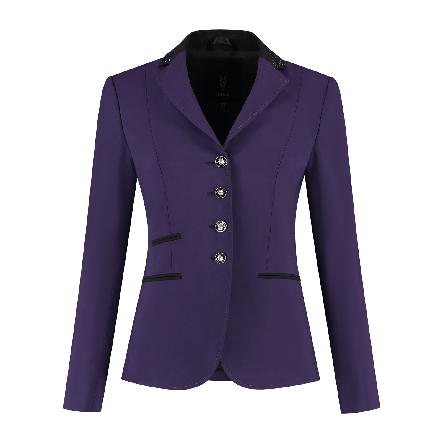 Front of purple JuulC Women's Show Coat in Shadow Amethyst with black contrasts and Swarovskic crystals