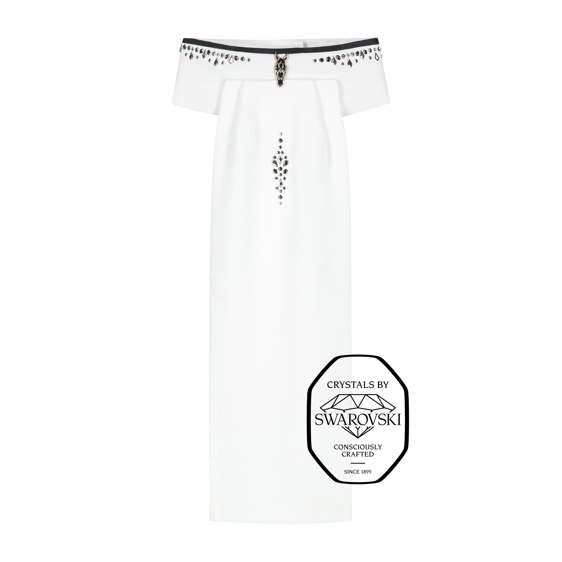 JuulC' Stock-Tie Emerald Elegance with black trim, signature horse head-logo and emerald green Swarovski design on the front and along the neck 