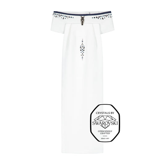 JuulC' Stock-Tie Ocean Silver with navy trim, signature horse head-logo and silver/light blue Swarovski design on the front and along the neck 