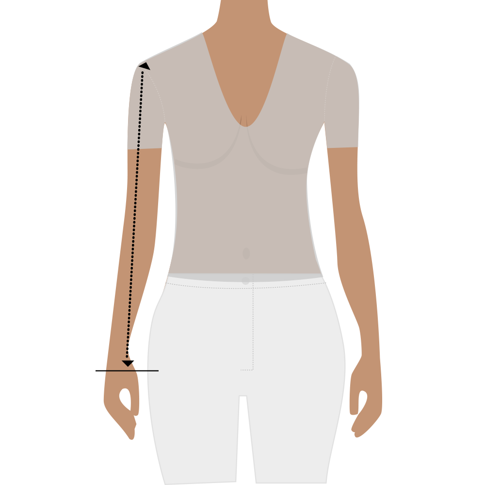 Digital illustration indicating how to measure the sleeve length for the JuulC show jacket size guide