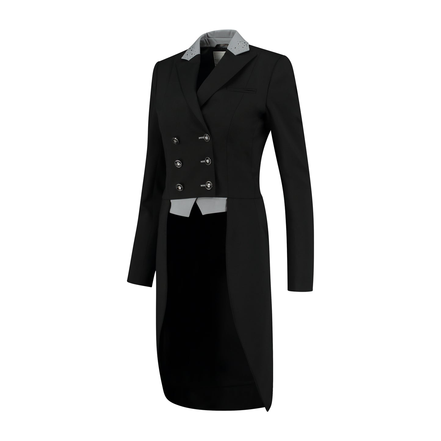 Side of JuulC Ladies' Dressage Tailcoat in Black Light Grey with contrasting accents and Swarovski details
