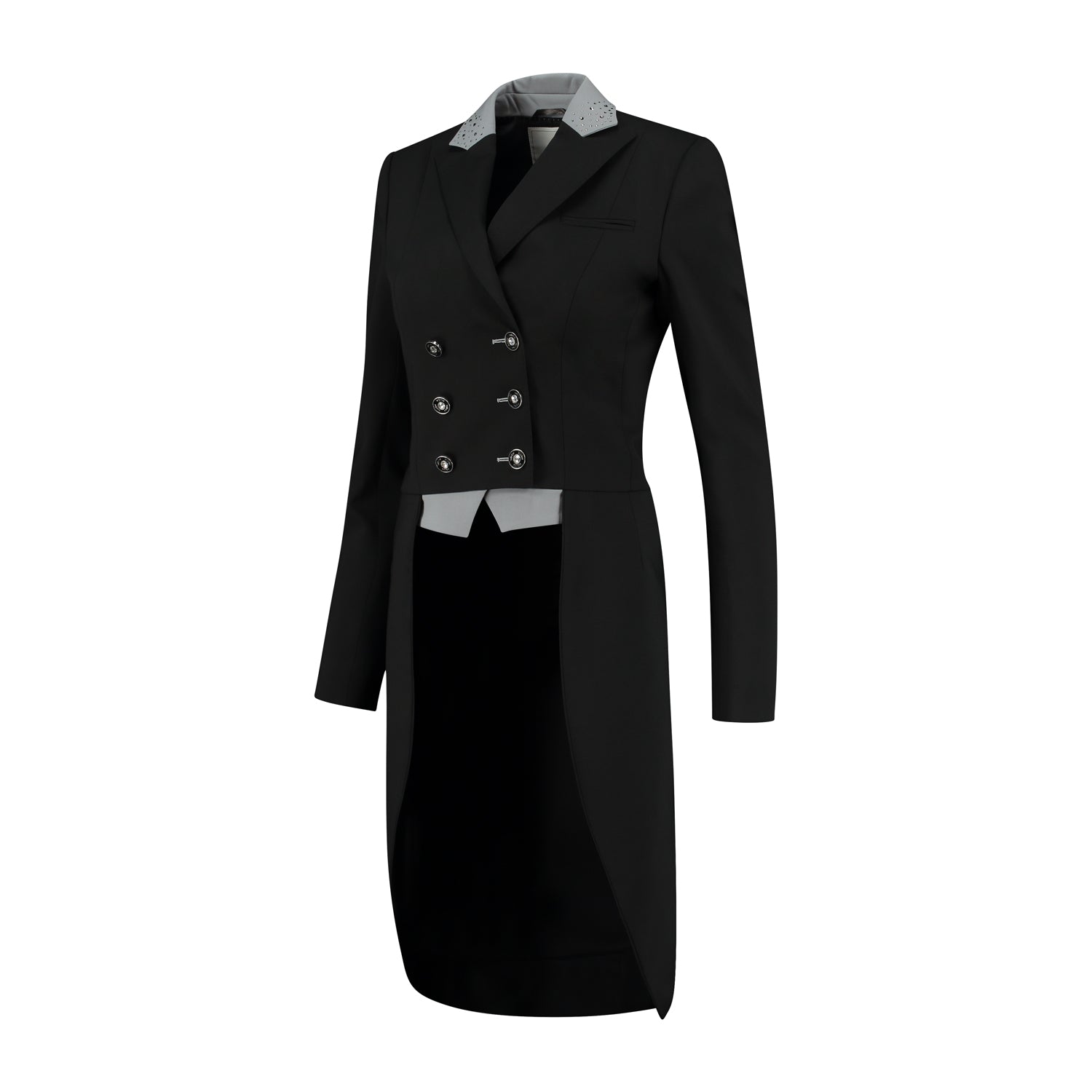 Side of JuulC Ladies' Dressage Tailcoat in Black Light Grey with contrasting accents and Swarovski details
