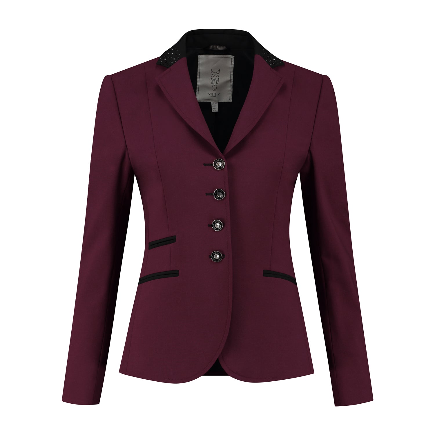 Front of burgundy JuulC Women's Competition Jacket with black contrasting accents and Swarovski crystals