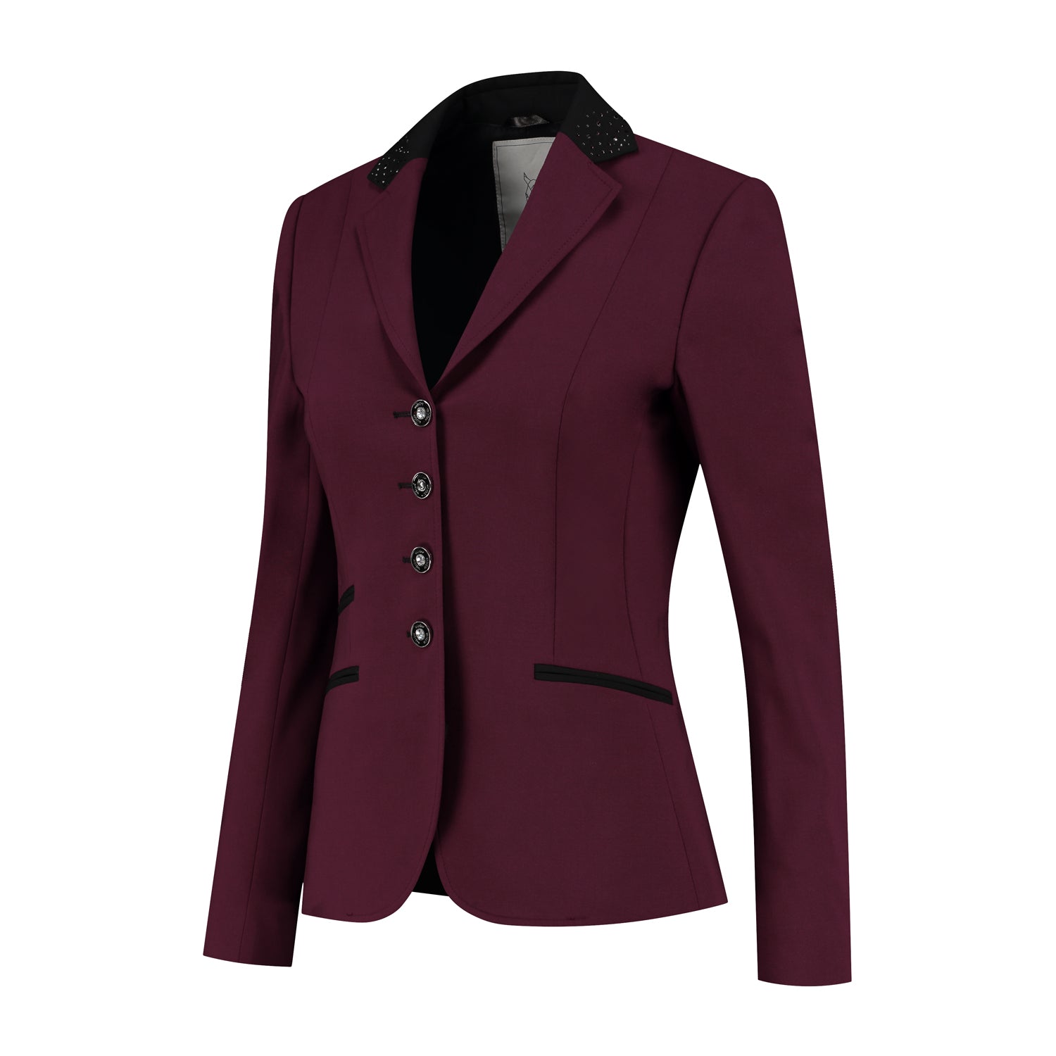 Side of JuulC Ladies' Show Coat in Burgundy with black accents and glitter details
