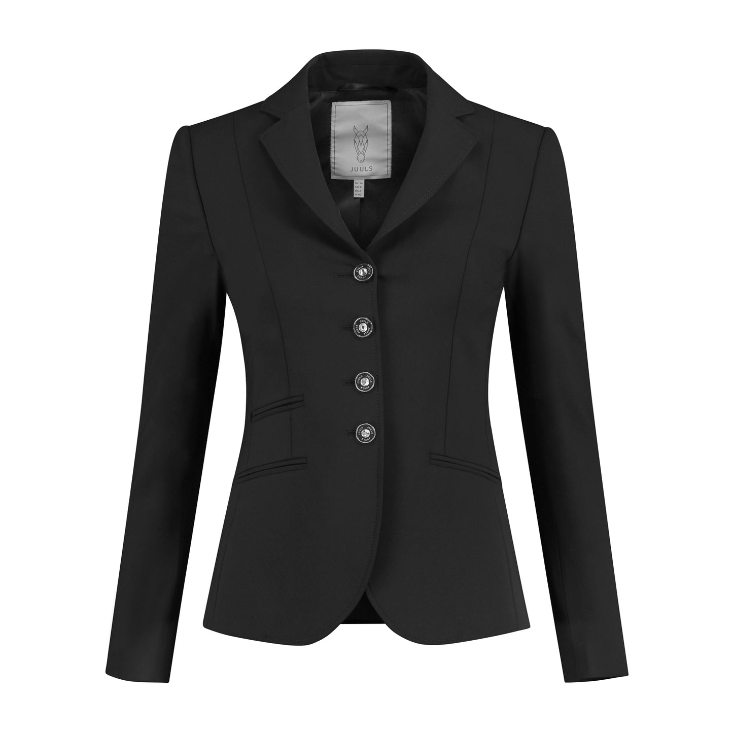 Front of black JuulC Women's Competition Jacket with tone-on-tone contrasting accents