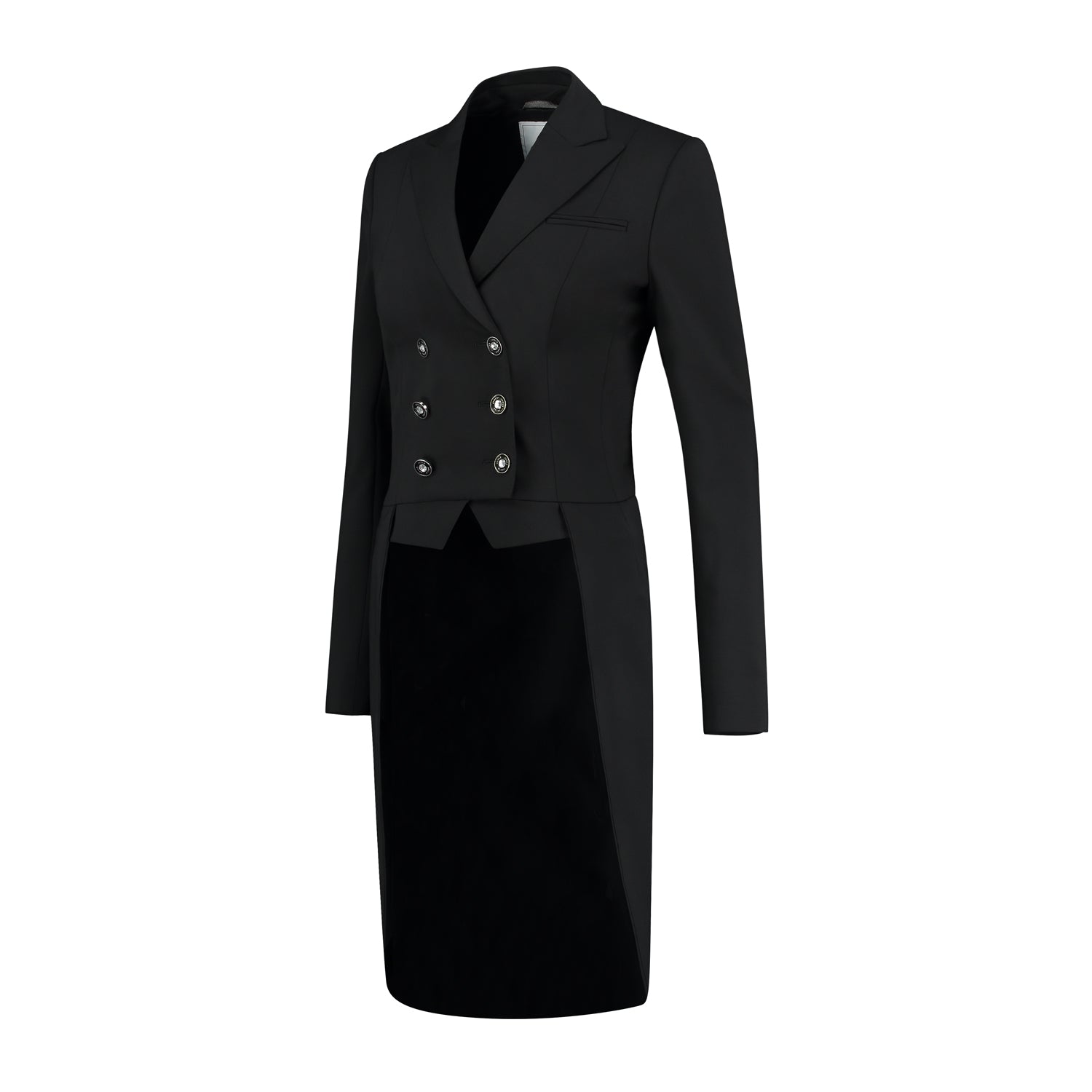 Side of JuulC Ladies' Dressage Frack in Classic Black with tone-on-tone contrasts and details