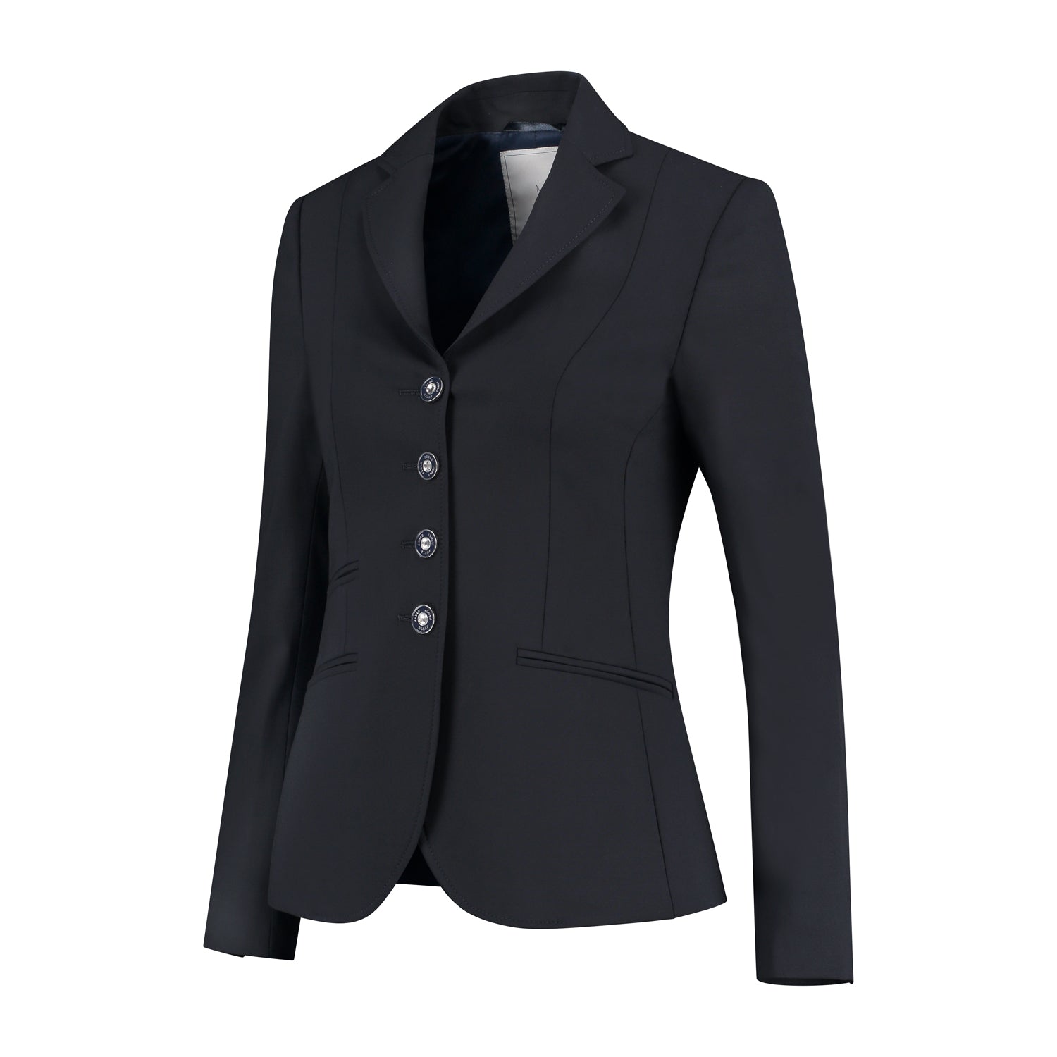 Side of dark blue JuulC Ladies' Show Coat in Classic Navy with tone-on-tone accents and details