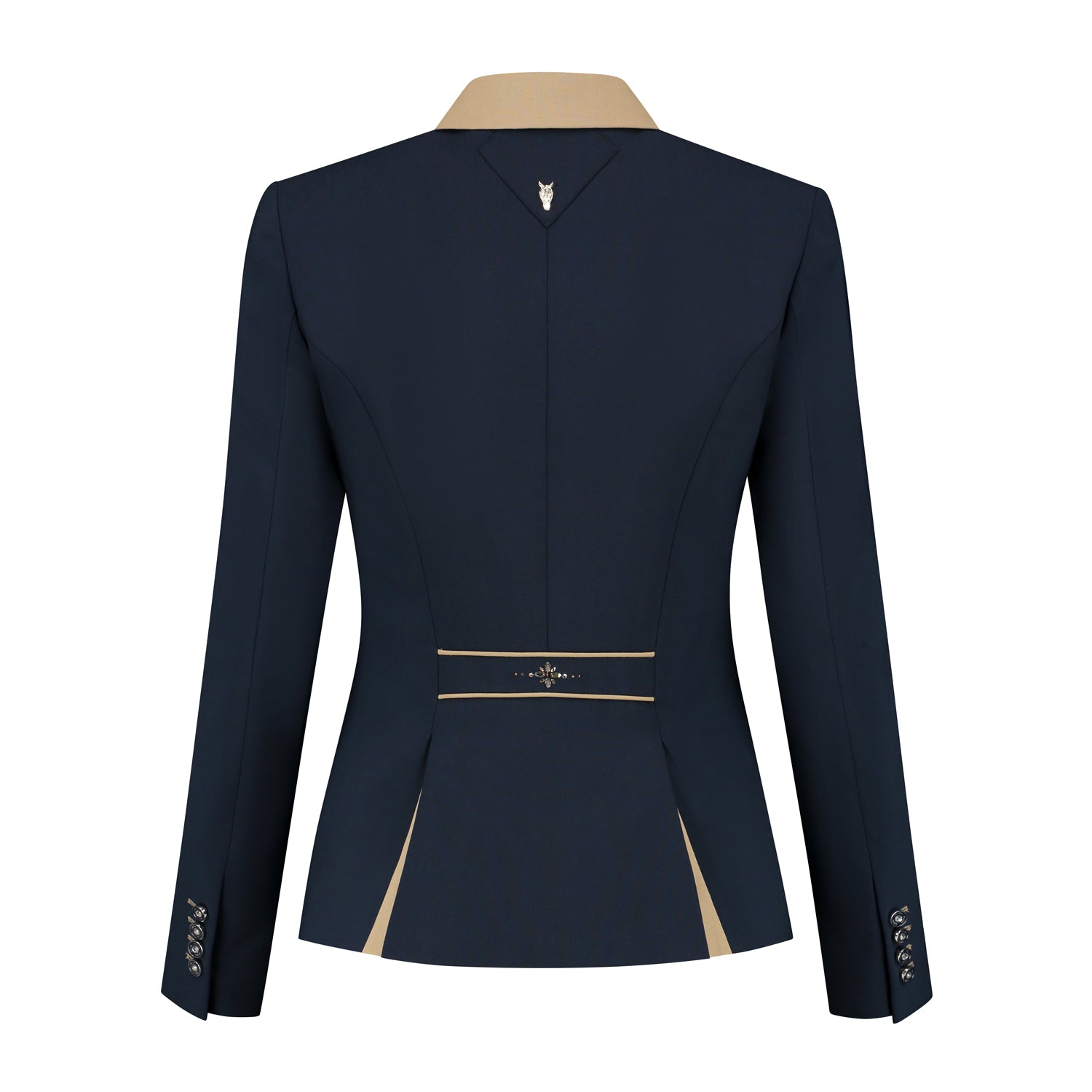 Back of dark blue JuulC Ladies' show jacket in Navy Almond with beige/taupe contrasts and Swarovski design on the back strap