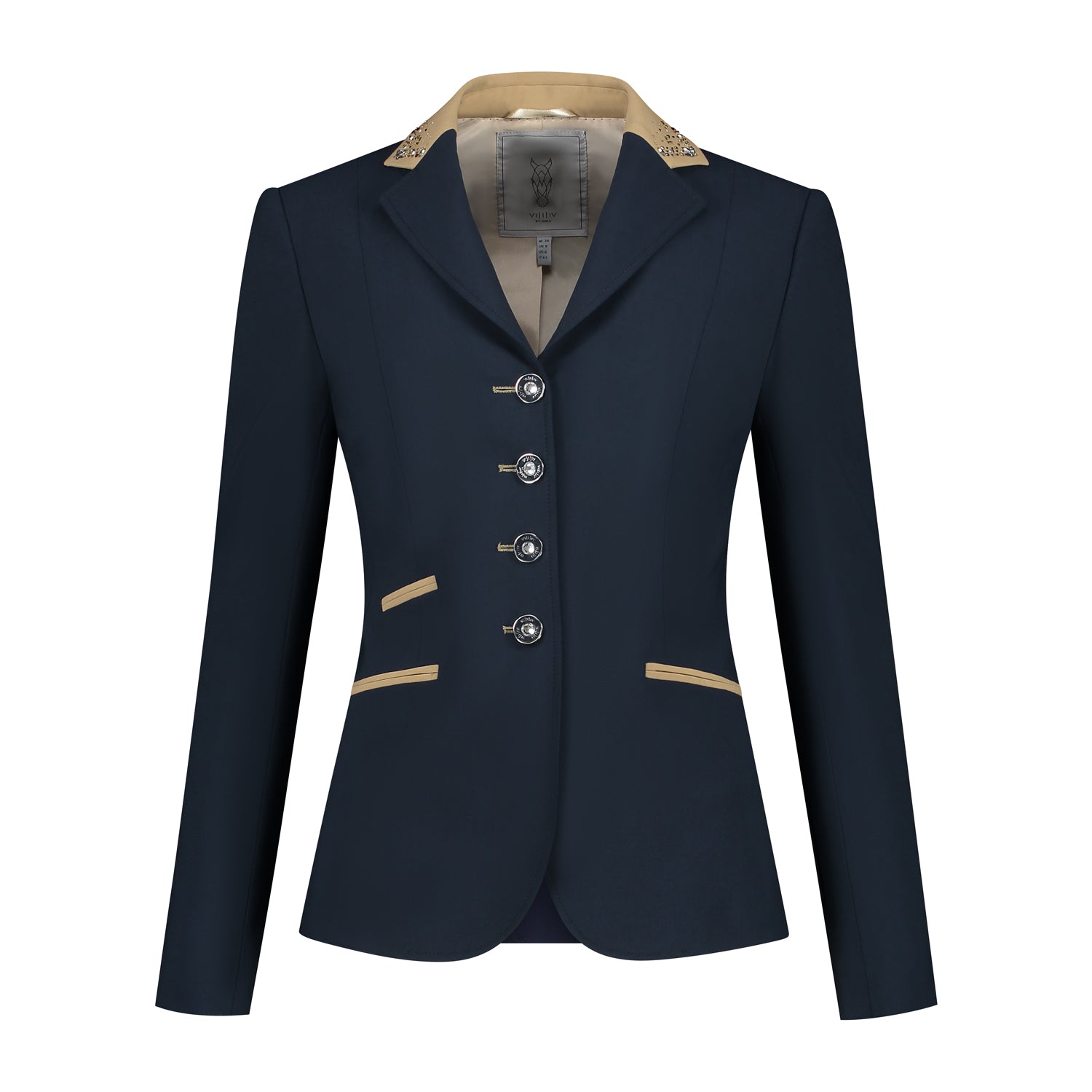 Front of dark blue JuulC Women's Competition Jacket with beige accents and Swarovski crystals