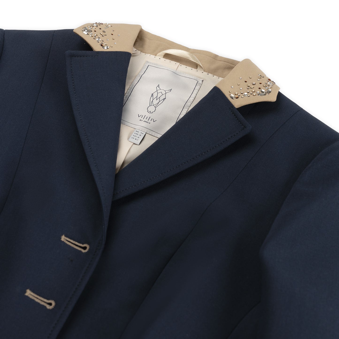 Detail of the beige collar of JuulC Women's Competition Jacket in Navy Almond, with Swarovski crystals