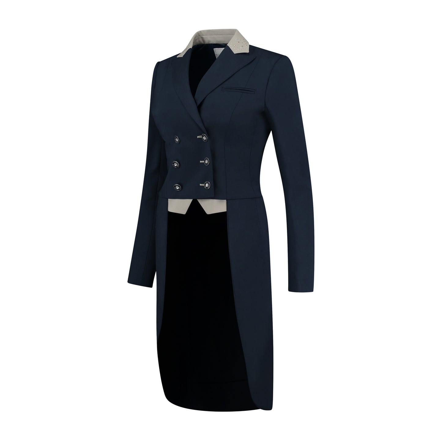 Side of JuulC Ladies' Dressage Tailcoat in Navy Taupe with beige accents and Swarovski details